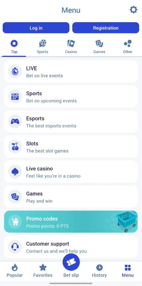 captura de tela paripesa app menu